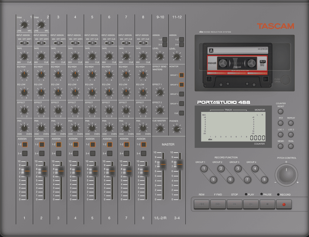 The Tascam Portastudio 488 rebuilt in the browser: eight channel strips, a cassette deck, level meters and transport keys.